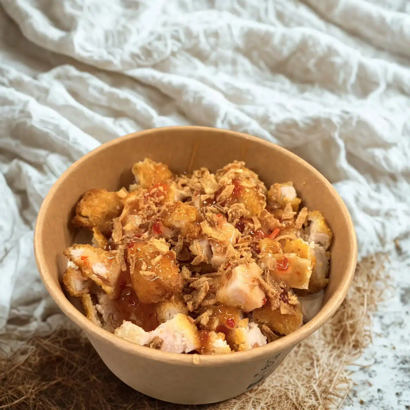 Riz crousti au poulet pané et sauce aigre-douce, plat du jour