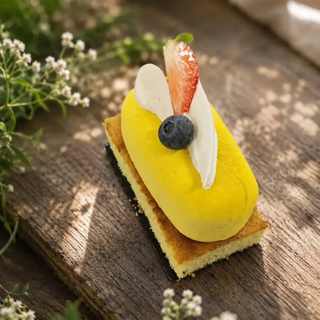 Entremets jaune aux fruits posé sur une planche en bois