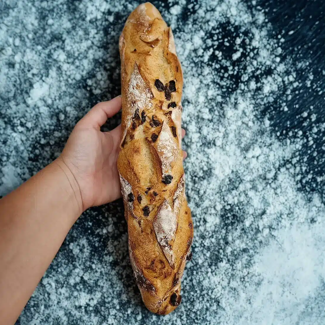 Baguette artisanale aux fruits secs posée sur la farine du fournil
